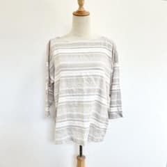 BEGUM✨７分袖トップス【Ｍ】コットンリネン　マルチボーダー　ベージュ系