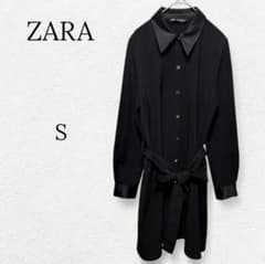 1393【ザラ】切替シャツワンピース リボンベルト ポケット サテン 黒 S